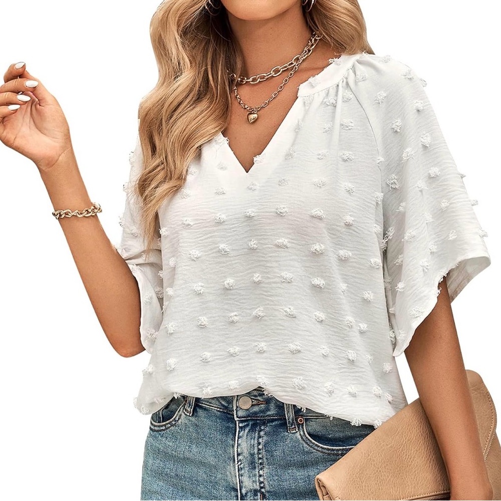 Vanberfia White Textured Women's Short Sleeve Top sizes